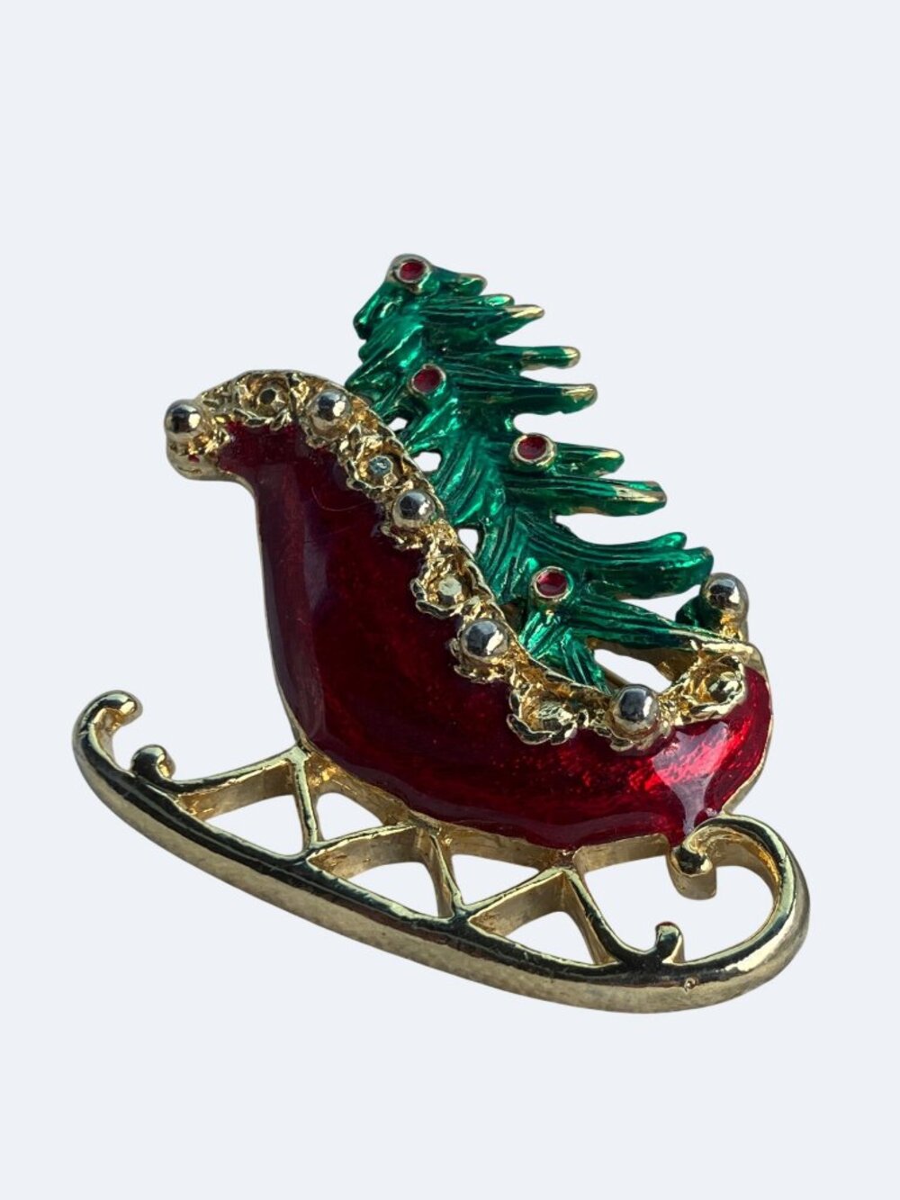 Christmas Sleigh Pin Brooch With Red Enamel Green Tree Design Christmas - Picture 10 of 11